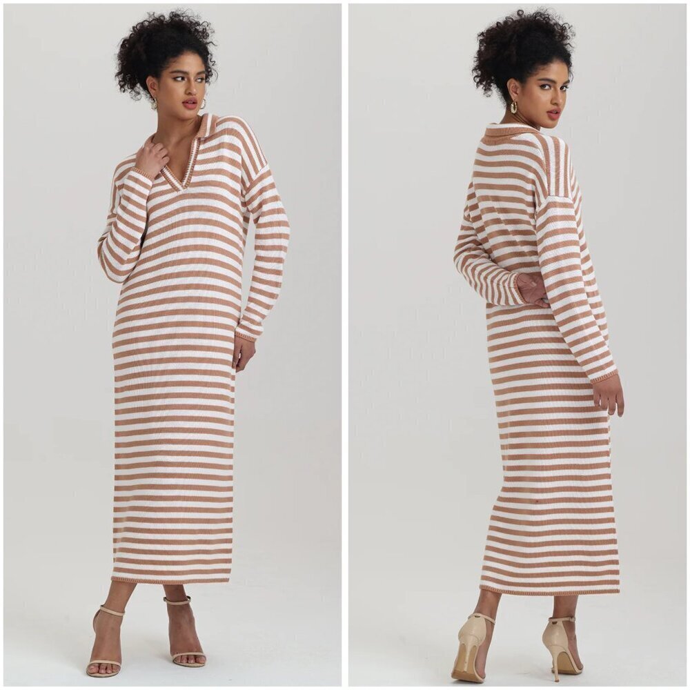 525 America Raya Stripe Polo Knit Sweater Dress in Walnut Multi Size M LIKE NEW - Picture 2 of 9
